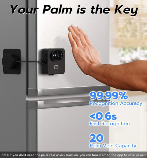 Smart Refrigerator Lock With Palm Vein Biometric RFID Card And Bluetooth App Unlock Kid Proof Safety Lock in use on fridge