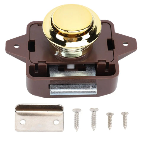 Cabinet Push Button Latch Keyless Cupboard Lock with smooth finish for RV Yacht Motorhome Campervan Caravan brown base gold color