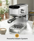 Compact Stainless Steel Espresso Machine, 20 Bar Pressure, Integrated Milk Frother, 45 Oz Tank, silver finish with steam wand and coffee.