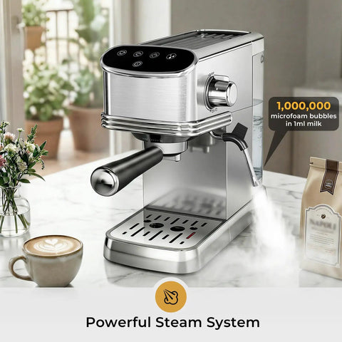 Compact Stainless Steel Espresso Machine, 20 Bar Pressure, Integrated Milk Frother, 45 Oz Tank, silver finish with steam wand and coffee.