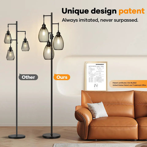 Dimmable Farmhouse Industrial Floor Lamp With Teardrop Cage Includes 3 X 800LM LED Edison Bulbs That Builds Cozy Vibe Tall Tree Style with patent certificate
