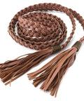 Braided Tassel Rope Belt For Women In PU Leather, Adjustable Tie Belt In Black And Brown, Long Elastic Belt With Tassels, Chic Everyday Accessory For Dresses, Jeans, And Coats coiled brown