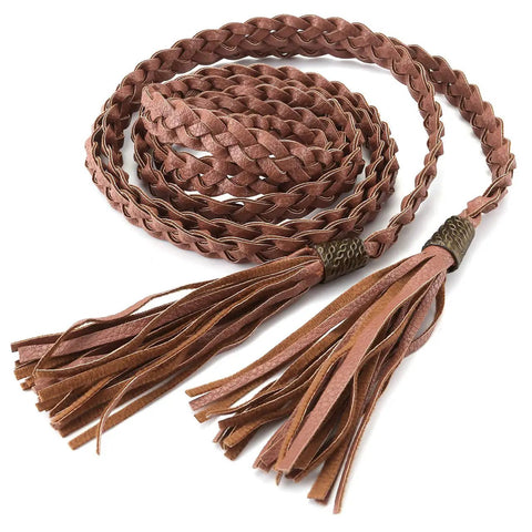 Braided Tassel Rope Belt For Women In PU Leather, Adjustable Tie Belt In Black And Brown, Long Elastic Belt With Tassels, Chic Everyday Accessory For Dresses, Jeans, And Coats coiled brown