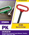 Comparison of green handle trailer hitch pin and Half Inch Trailer Hitch Pin And Clip With Rubber Coated Red Handle Built Tough For Towing And Quick Release Half Inch By Four Inch Tow Pin For Tractors Lawn Mowers Golf Carts ATVs And Gate Accessories One Handed