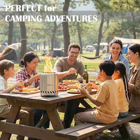 Group enjoying meal with Tabletop Fire Pit For Outdoors Low Smoke Camping Stove For Safe Burning Pellets Or Wood 9.7 By 7.1 Inch