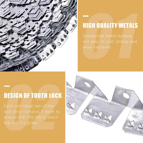 Tough As Nails Flexible Metal Tack Strip For Upholstery And Furniture Repair Heavy Duty Galvanized Steel With Three Tooth Grip close-up of tooth lock design.