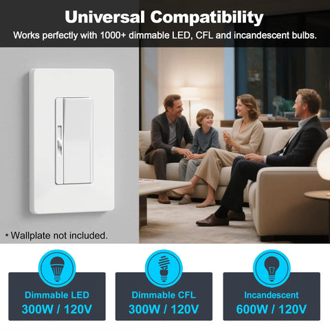 3 Pack Quiet Slide Dimmer Light Switches, Ultra Slim Rocker, No Fuss Install, Single Pole Or Three Way Dimmable, 300W LED And CFL, 600W Incandescent, ETL Listed, White on wallplate-free wall