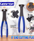 8" end-cutting plier from heavy-duty pry bar set, shown with ergonomic grip and multiple uses for nails, wires and twist