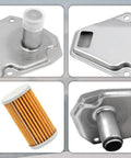 Transmission Filter And Oil Pan Gasket Kit For Nissan Tiida Versa Note Sentra Suzuki Swift And Chevy Spark Replacement OE 31728 3JX0A 31728 3JX0B 31728 3JX0C All In One Upgrade showing filter components and gasket