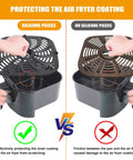 Comparison of grill pans showing protection of air fryer coating with and without silicone pieces for Chefman TurboTouch model.