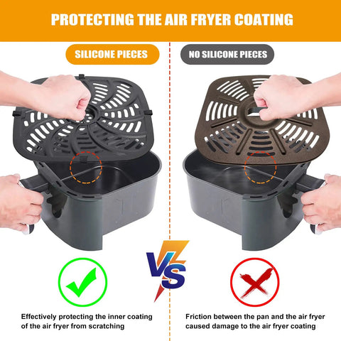 Comparison of grill pans showing protection of air fryer coating with and without silicone pieces for Chefman TurboTouch model.
