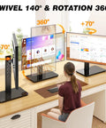 Free Standing Monitor Stand With VESA Mount For 13 To 32 Inch Screens, Height Adjustable Desk Riser, shown in swivel and tilt angles