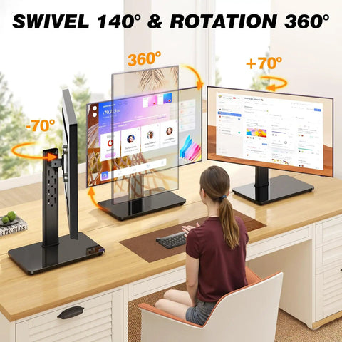 Free Standing Monitor Stand With VESA Mount For 13 To 32 Inch Screens, Height Adjustable Desk Riser, shown in swivel and tilt angles