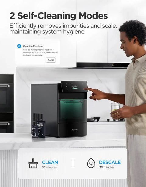 Smart Nugget Ice Maker Delivering 60 Pounds Daily Capacity And 6 Minute Rapid Ice Production, user controls self-cleaning features.