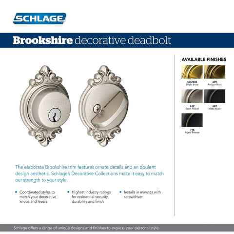 Single Cylinder Deadbolt With Brookshire Trim In Antique Brass, Snap And Stay Design Keeps The Bolt Aligned, Easy One Tool Install