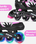 Cool Adjustable Kids Inline Skates With Full Light Up Wheels For Girls And Boys, Safe Ankle Support, Pink Skate Side View