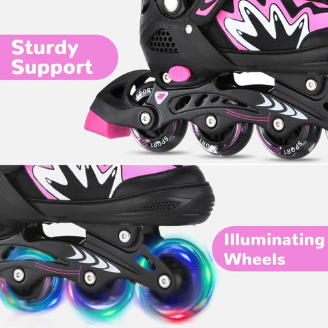 Cool Adjustable Kids Inline Skates With Full Light Up Wheels For Girls And Boys, Safe Ankle Support, Pink Skate Side View