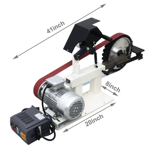 Heavy Duty Belt Sander With Variable Speed Control For Knives And Cutting Tools, 41-inch height, 20-inch base, motor visible.