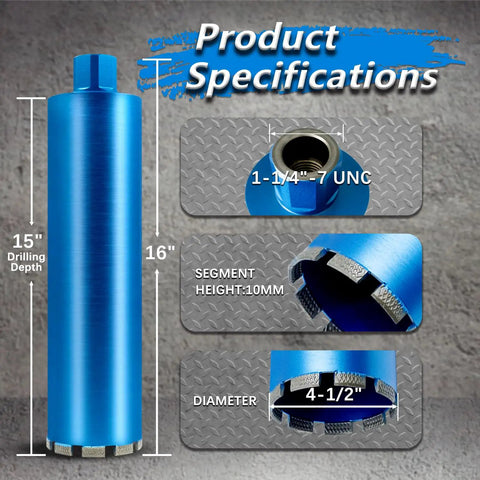 Wet Diamond Core Drill Bits For Concrete With Rebar And Masonry, 4-1/2 Inch Cutter, 15 Inch Drilling Depth, product details display