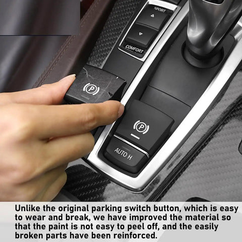 Close-up of BMW Parking Brake Button Replacement Cover Kit installation in center console