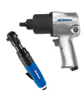 Hella Tough Pneumatic Shop Beast Featuring One Half Inch Five Speed Impact Wrench And Three Eighth Inch Ratchet with blue aluminum finish.