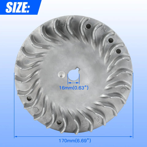 Front view of Beefed Up Aluminum Flywheel for Non Hemi Predator engines with 16mm hole and 170mm diameter, highlighting size