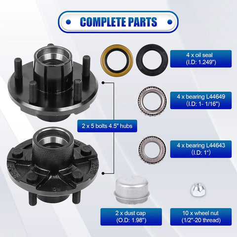 Trailer Hub Kit With 5 On 4.5 Inch Bolt Pattern For 2000 Lb Axles Includes bearings L44643 L44649, hardware, and seals