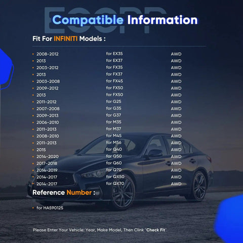 Compatibility chart for Pair Of Front Wheel Hub Bearing Assemblies HA590125 For Infiniti AWD Models display with a car image.