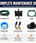 Complete maintenance set for Heavy Duty 115V Electric Water Transfer Pump includes suction hose, impeller, gasket, carbon brushes.