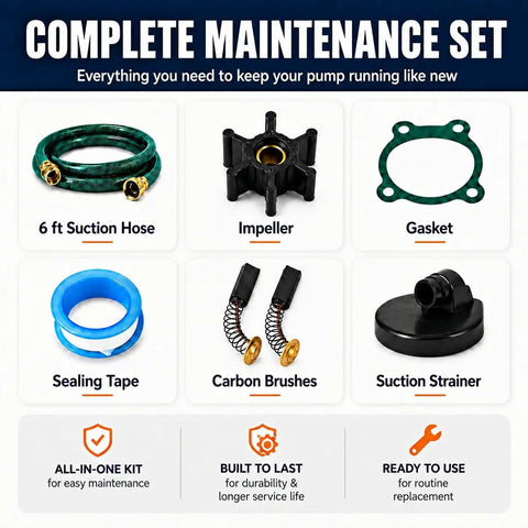 Complete maintenance set for Heavy Duty 115V Electric Water Transfer Pump includes suction hose, impeller, gasket, carbon brushes.