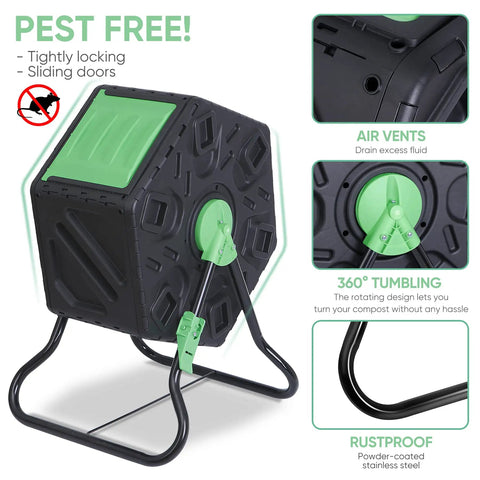 Outdoor Composting Bin 18.5 Gallon Single Chamber Tumbling Composter With Heavy Duty Steel Frame Barrel, pest proof design.