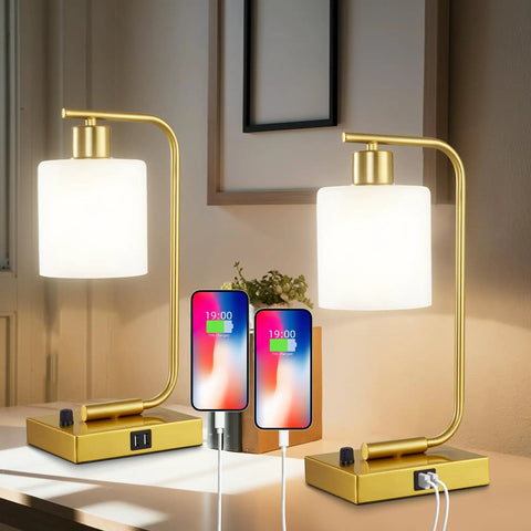 Gold Table Lamps Set Of 2 For Bedroom And Desk Lights No Brainer Stepless Dimmable USB Charging Bedside Lamps With Frosted Glass Shades