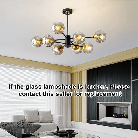 8-Light Black And Gold Sputnik Light Fixture Modern Chandelier With Smoked Glass Globes in contemporary living room