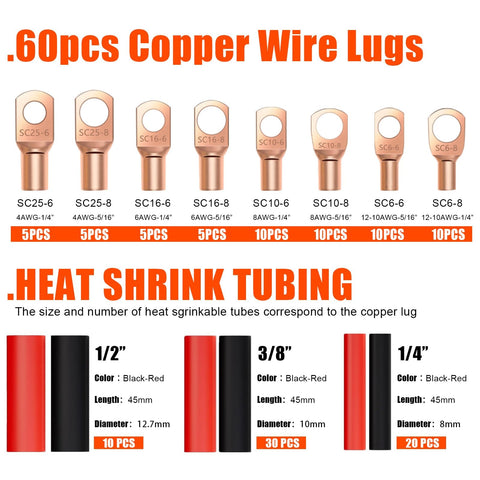 Image showing 60 copper wire lugs and heat shrink tubing from the Beefed Up Battery Cable Crimping Tool Kit for heavy duty automotive wiring.