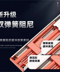 Close-up of stainless steel drawer slides with rebound buffer, 20-inch length, heavy-duty for cabinets, showing slide mechanism.
