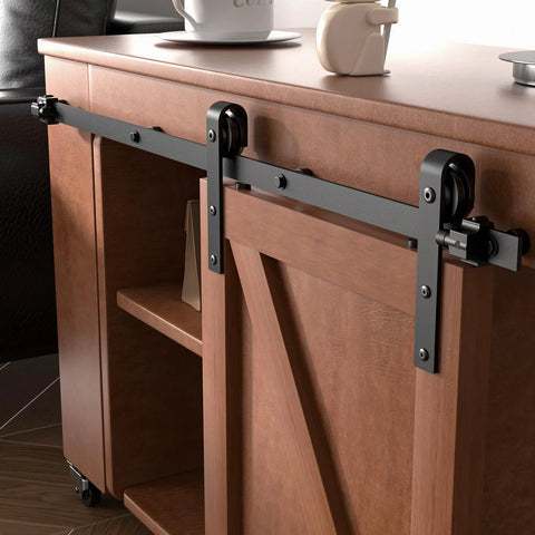 Compact 2.5 Foot Mini Sliding Barn Door Hardware Track Kit for Small Cabinets with J Shape Hangers, black rail installed on cabinet