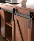 4 Foot Mini Sliding Barn Door Hardware Track Kit for 21 to 24 Inch Doors installed on a wooden cabinet, J shape hanger visible