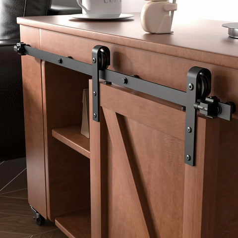 4 Foot Mini Sliding Barn Door Hardware Track Kit for 21 to 24 Inch Doors installed on a wooden cabinet, J shape hanger visible