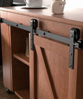 Image of Three Foot Mini Sliding Barn Door Hardware Kit For Cabinets And TV Stands Heavy Duty Steel Track With Black Powder Coat J Shape Hangers Fits Fifteen To Eighteen Inch Wide Door Panels DIY Friendly Install Smooth Quiet Roll on a wooden cabinet.