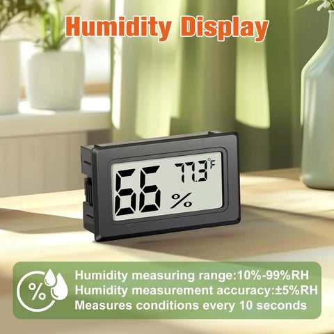 Six Pack Mini Hygrometers For Indoor Humidity And Temperature, Digital Thermometer Monitor With Clear LCD Display, 2 In 1 Sensor, black desk unit showing 66% RH and 77.3°F
