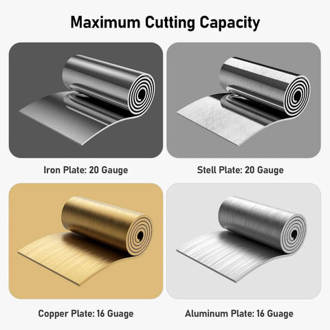 Pro Grade Drill Plate Cutter Attachment cutting capacity: Iron 20 gauge, Stell 20 gauge, Copper 16 guage, Aluminum 16 guage.
