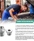 Mechanic using Heavy Duty Oversize Piggyback Oil Drain Plug Kit For M14.1-1.5 x 15mm in auto repair with installation steps visible.