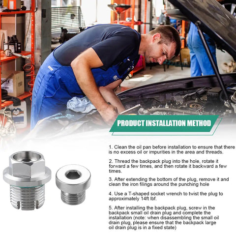 Mechanic using Heavy Duty Oversize Piggyback Oil Drain Plug Kit For M14.1-1.5 x 15mm in auto repair with installation steps visible.