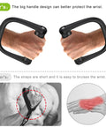 Comparison of black D Handle for Cable Machines with comfortable grip and short handle causing wrist strain.