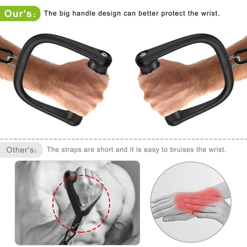 Comparison of black D Handle for Cable Machines with comfortable grip and short handle causing wrist strain.