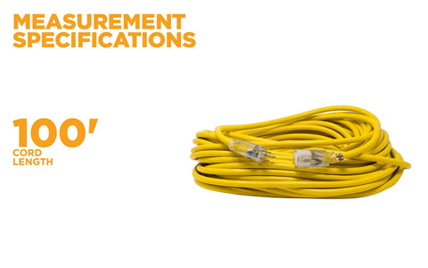 Coiled 12-Gauge Extra Heavy Duty 100 Ft Outdoor Extension Cord With Cord Clip Yellow 3 Prong SJTW Water Resistant Vinyl Jacket