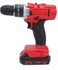 Rig Ready Dual Battery Cordless Drill Driver Kit With 25 Plus 1 Clutch Settings And 25 Newton Meter Torque For Heavy Duty Home Repairs And Weekend Warrior DIY Builds With US Plug, side view of red cordless drill.