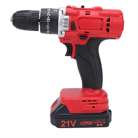 Rig Ready Dual Battery Cordless Drill Driver Kit With 25 Plus 1 Clutch Settings And 25 Newton Meter Torque For Heavy Duty Home Repairs And Weekend Warrior DIY Builds With US Plug, side view of red cordless drill.
