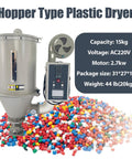 Reliable Workhorse Heavy Duty Plastic Hopper Dryer Machine With 15Kg Capacity Stainless Steel Body For Injection Molding Pvc Abs Pp Pe Pellets Smart Temp Control 220V 2 7Kw beside colorful plastic pellets.