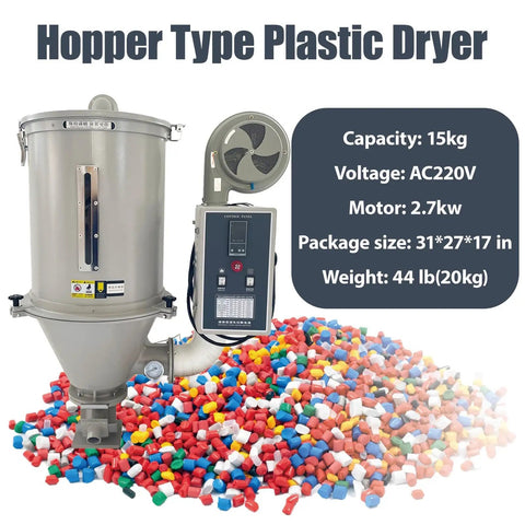 Reliable Workhorse Heavy Duty Plastic Hopper Dryer Machine With 15Kg Capacity Stainless Steel Body For Injection Molding Pvc Abs Pp Pe Pellets Smart Temp Control 220V 2 7Kw beside colorful plastic pellets.